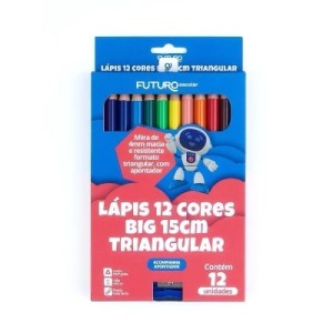 Lápis 12 cores big 15cm triangular + apontador fe092201 1kit