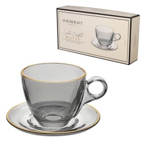 Jogo xícaras para chá cristal menfis c/4pçs onix com borda dourada 170ml  jgch-043pt